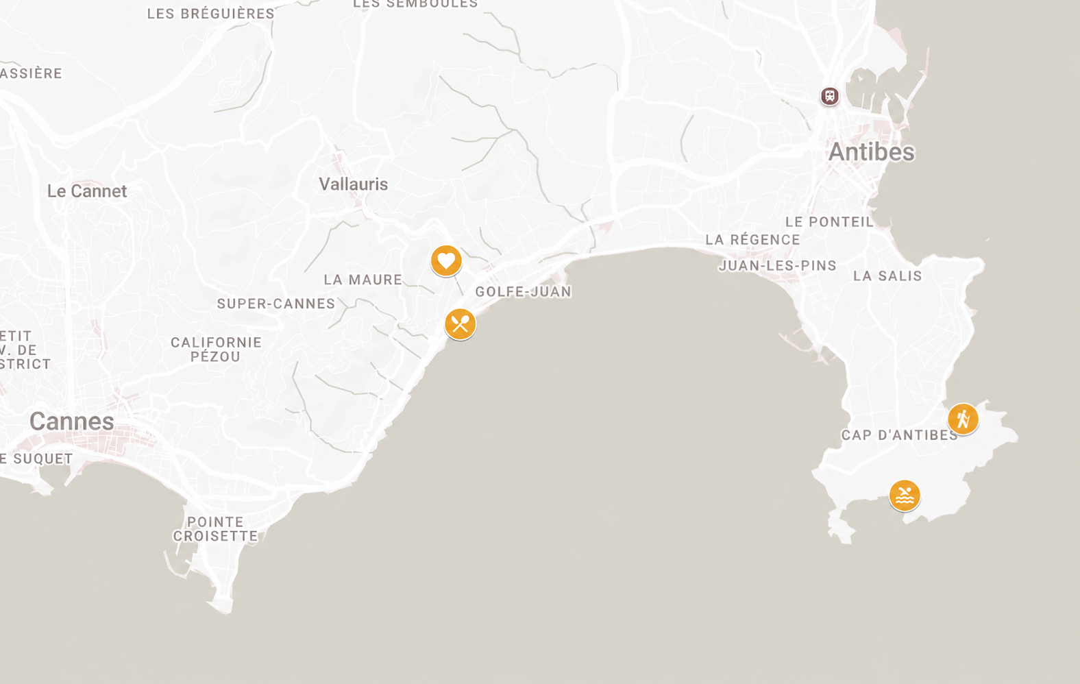 Kart over området mellom Cannes, Vallauris, Golfe-Juan og Antibes, med markeringer for programmet.